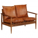2-osobowa sofa z prawdziwej skóry i drewna akacjowego, brązowa