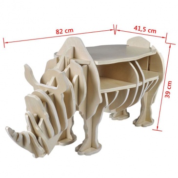 Drewniana półka na książki, stolik, nietypowy kształt, nosorożec