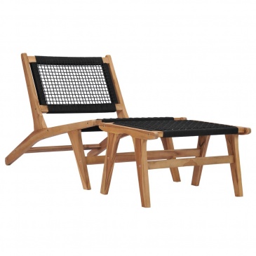Krzesło z podnóżkiem, lite drewno tekowe i sznurek