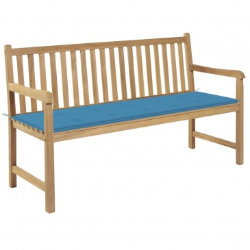 Ławka ogrodowa z niebieską poduszką, 150 cm, drewno tekowe
