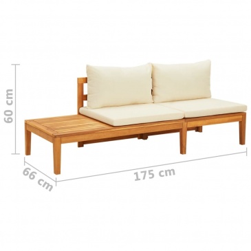 ławka ogrodowa ze stolikiem, kremowe poduszki, drewno akacjowe