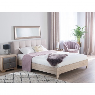 Łóżko tapicerowane beżowe/jasny odcień drewna 180 x 200 cm BERCK