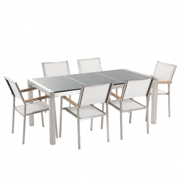 Meble ogrodowe - stół granitowy 180 cm szary polerowany z 6 białymi krzesłami - Efraim
