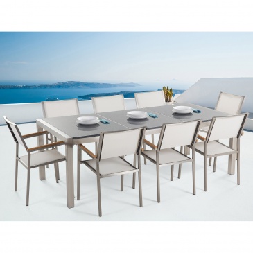 Meble ogrodowe - stół granitowy 220 cm szary polerowany z 8 białymi krzesłami - Efraim