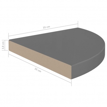 Narożna półka ścienna, wysoki połysk, szara, 35x35x3,8 cm, MDF