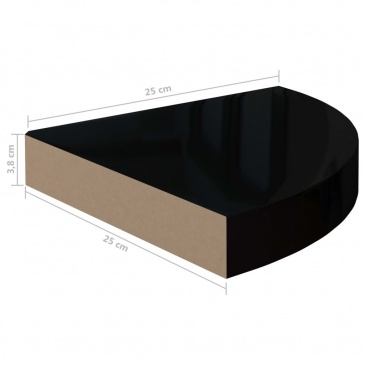 Narożne półki ścienne, 2 szt., połysk, czarne, 25x25x3,8cm, MDF