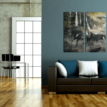 Obraz - Czarny rumak i skalisty wodospad (60x40 cm)