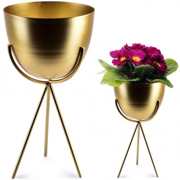 Osłonka, doniczka metalowa na stojaku, złota, na rośliny, kwiaty, 11x21 cm