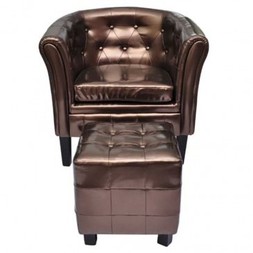 Półokrągły fotel z podnóżkiem skóra syntetyczna brązowy
