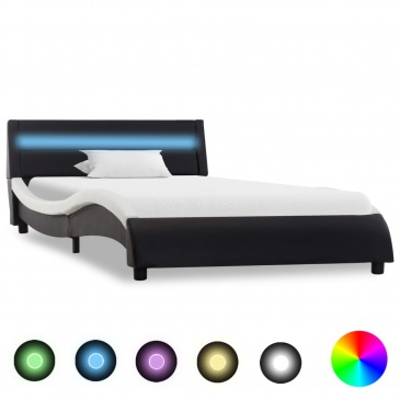 Rama łóżka LED, czarno-biała, sztuczna skóra, 90 x 200 cm
