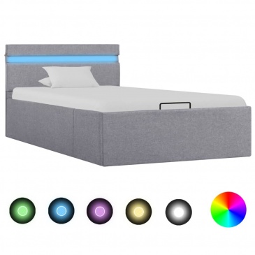 Rama łóżka, podnośnik i LED, jasnoszara, tkanina, 90 x 200 cm