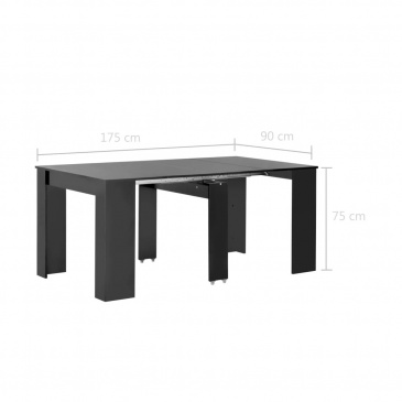 Rozkładany stół jadalniany, wysoki połysk, czarny, 175x90x75 cm