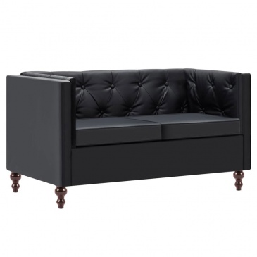 Sofa 2-osobowa w stylu Chesterfield, sztuczna skóra, czarna