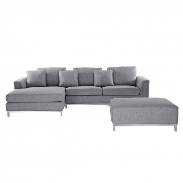 Sofa jasnoszara - sofa narożna P - tapicerowana - sofa z pufą - Bonaventura
