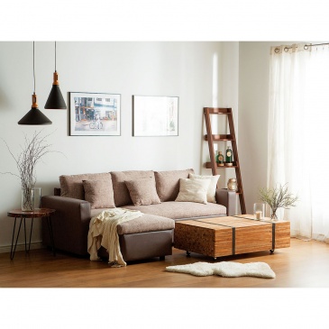 Sofa narożna prawostronna tapicerowana beżowa z funkcją spania Meli