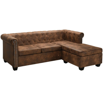 Sofa narożna w stylu Chesterfield, sztuczny zamsz, brązowa