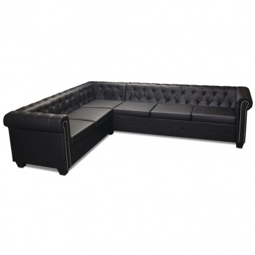 Sofa rogowa Chesterfield sześcioosobowa czarna, sztuczna skóra