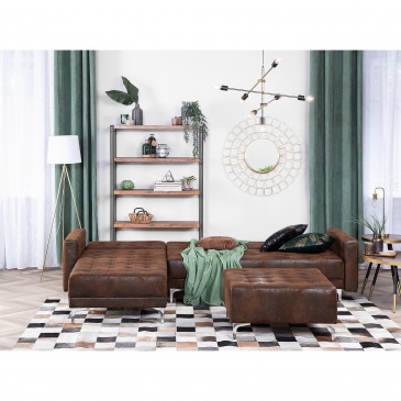 Sofa rozkładana imitacja skóry Old Style brąz prawostronna z otomaną ABERDEEN