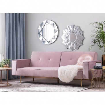 Sofa rozkładana welurowa różowa VISNES