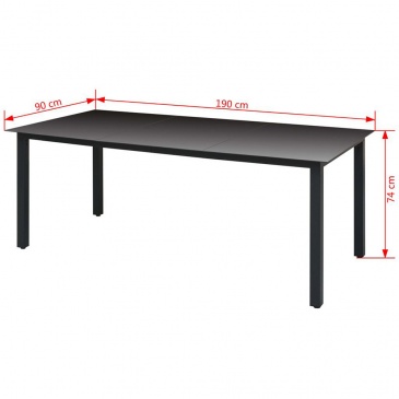 Stół ogrodowy, szkło, aluminium, 190 x 90 x 74 cm, czarny