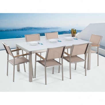 Stół szklany biały - 180 cm - z 6 beżowymi krzesłami - Efraim BLmeble