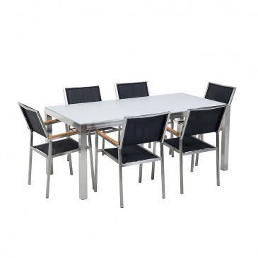 Stół szklany biały - 180 cm - z 6 czarnymi krzesłami - Efraim BLmeble