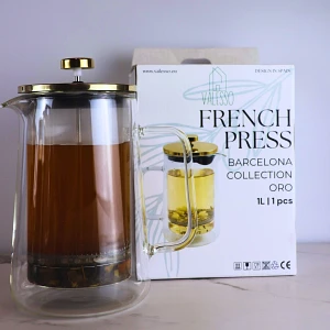 Szklany dzbanek do herbaty z zaparzaczem 1 l – French Press, zaparzacz do kawy, złoty, Valesso Barce
