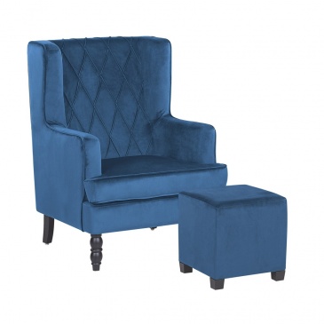 Welurowy fotel z podnóżkiem niebieski SANDSET