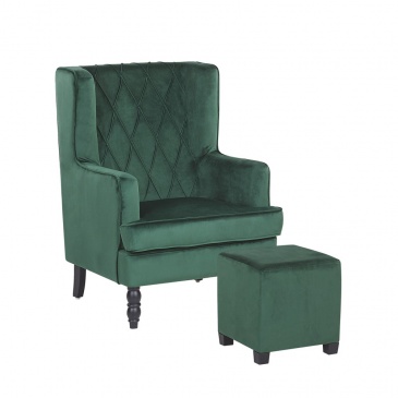 Welurowy fotel z podnóżkiem zielony SANDSET
