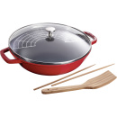 Wok żeliwny z pokrywką Staub 30 cm Czerwony