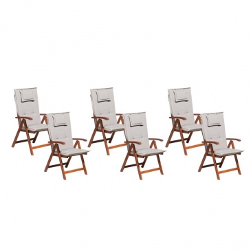 Zestaw 6 krzeseł ogrodowych drewnianych z szarobeżowymi poduszkami TOSCANA